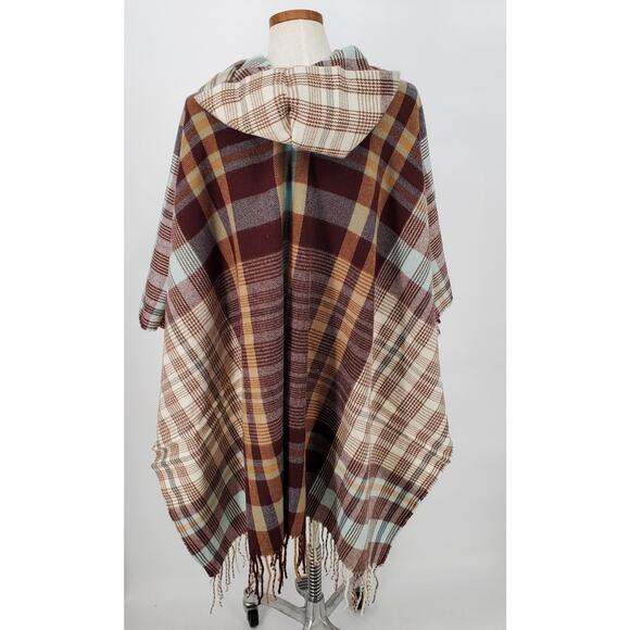 Style Collective‎ Poncho Ruana Cape Wrap Sweater Twill Plaid Hooded One Size New - Picture 3 of 7